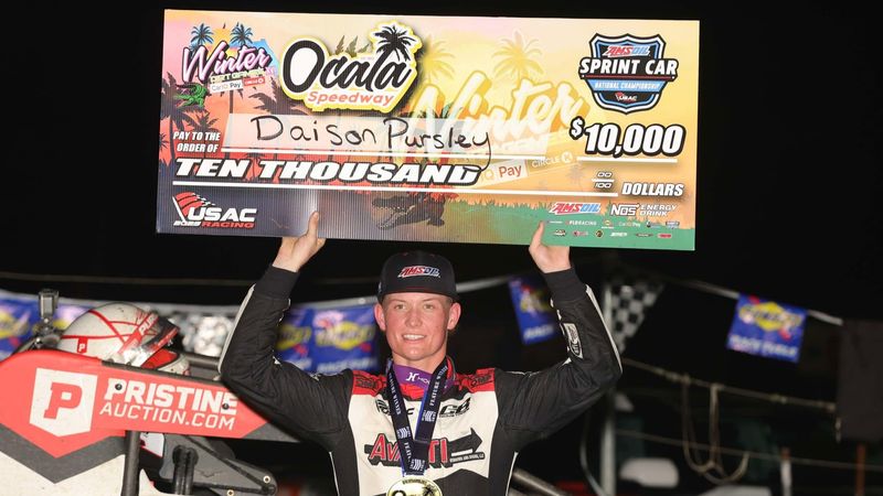 Daison Pursley captured a $10,000 USAC AMSOIL Sprint Car National Championship feature victory during Saturday night's Winter Dirt Games XVI finale at Florida's Ocala Speedway. (Michael Fry Photo)